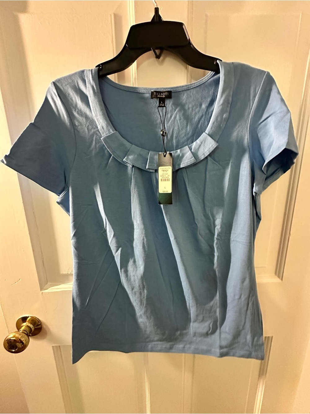 Talbots Light Blue Short Sleeve Scoop Neck Top with Pleated Trim